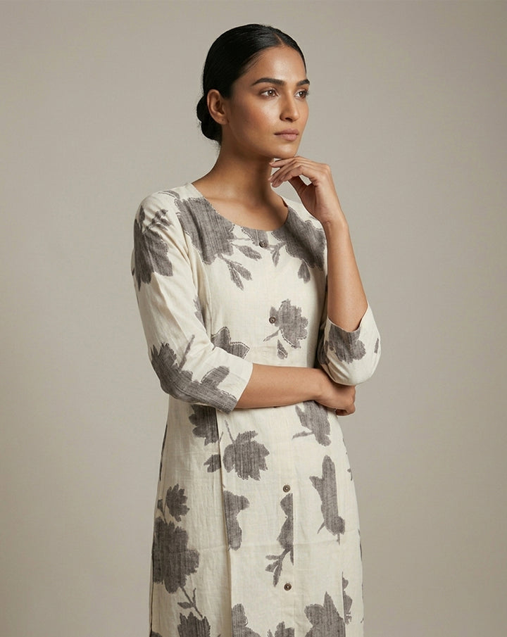 Off-White &amp; Charcoal Grey Floral Block Print Straight Kurti