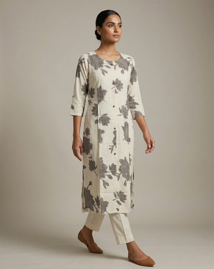 Off-White &amp; Charcoal Grey Floral Block Print Straight Kurti