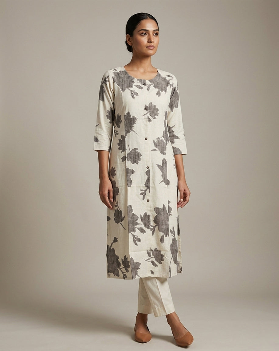 Off-White &amp; Charcoal Grey Floral Block Print Straight Kurti