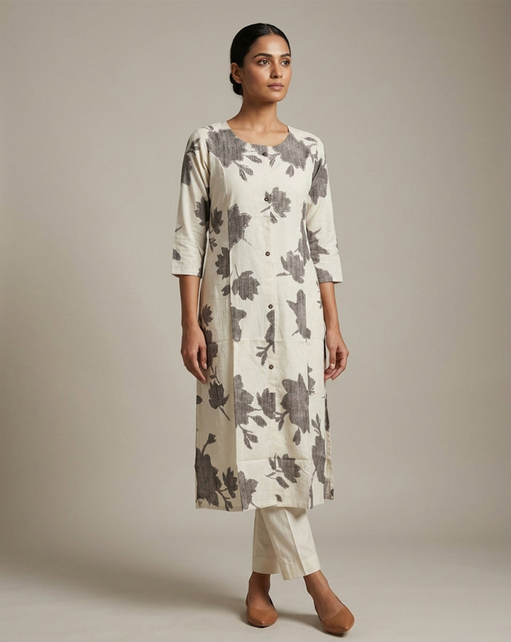 Off-White &amp; Charcoal Grey Floral Block Print Straight Kurti