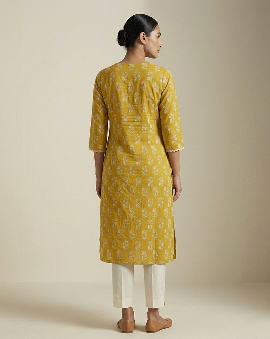 Mustard Yellow Floral Print Kurti with Scalloped Trim