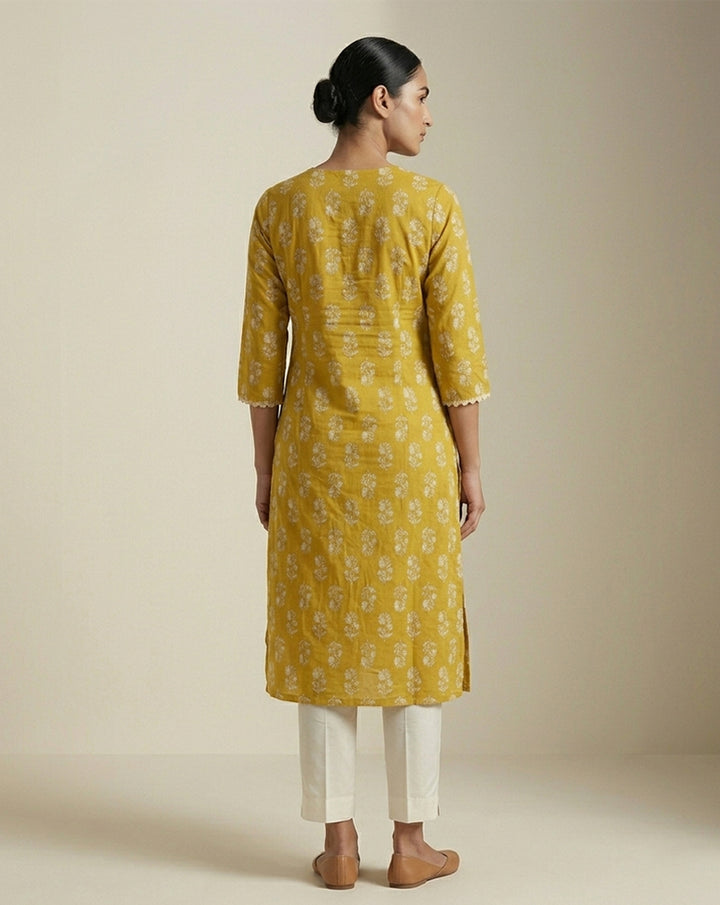 Mustard Yellow Floral Print Kurti with Scalloped Trim