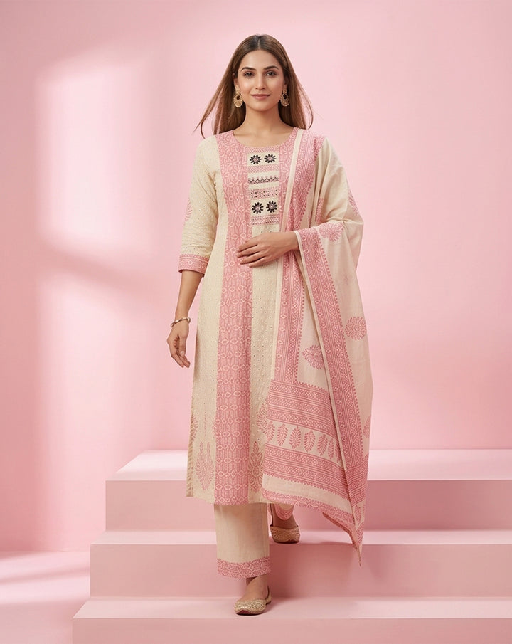 Cream &amp; Pastel Pink Block-Print Straight Kurta Set with Embroidered Yoke
