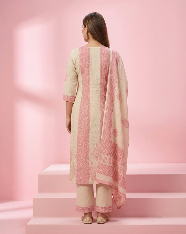 Cream &amp; Pastel Pink Block-Print Straight Kurta Set with Embroidered Yoke