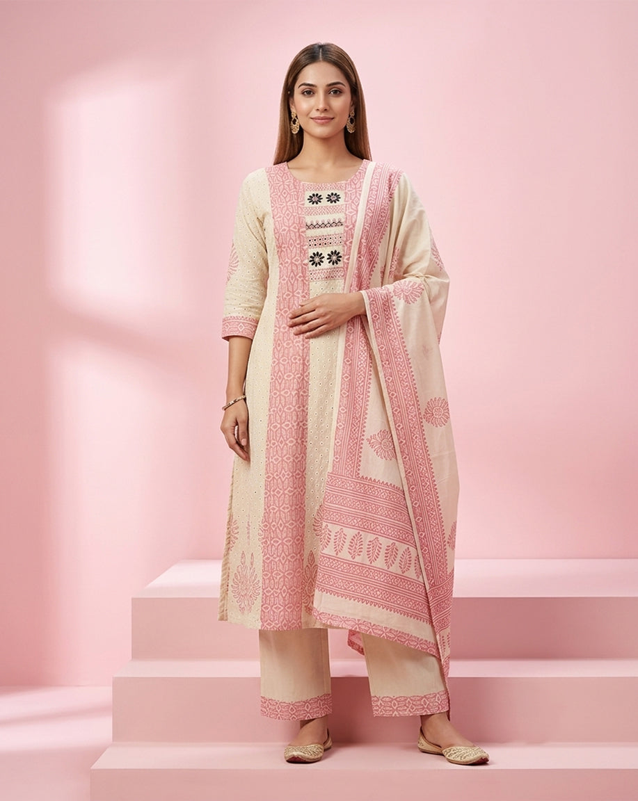 Cream &amp; Pastel Pink Block-Print Straight Kurta Set with Embroidered Yoke