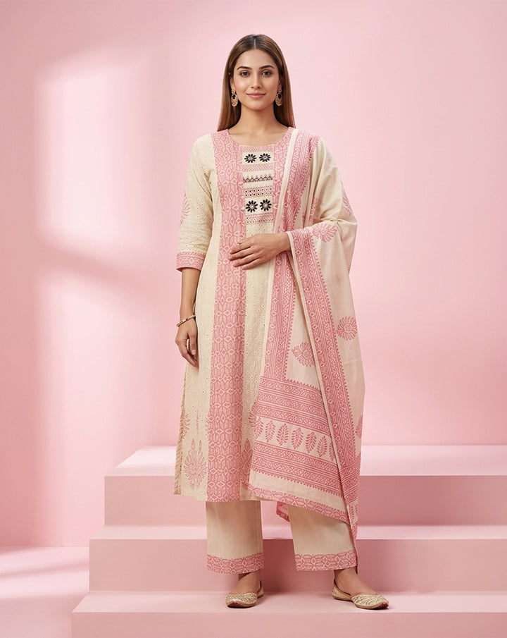 Cream &amp; Pastel Pink Block-Print Straight Kurta Set with Embroidered Yoke