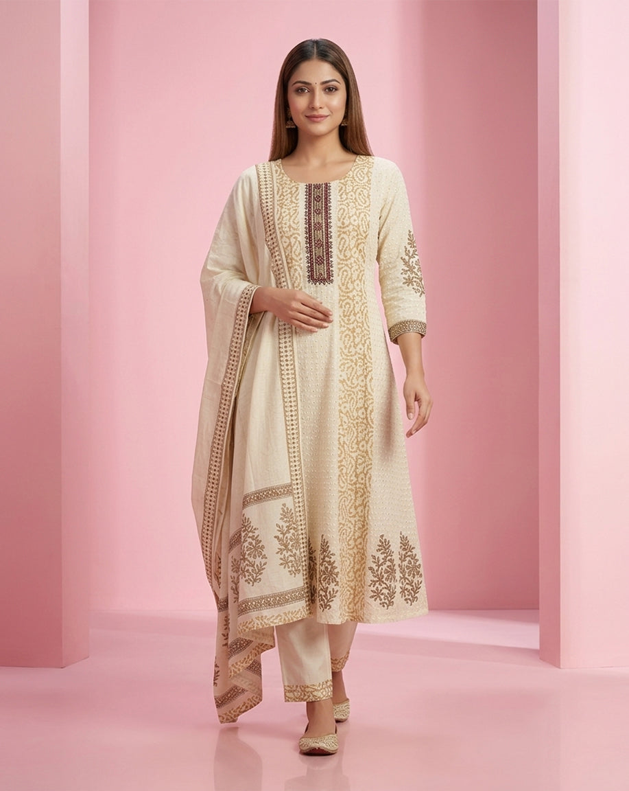 Off-White "Heritage" Printed &amp; Embroidered Cotton Kurta Set with Dupatta