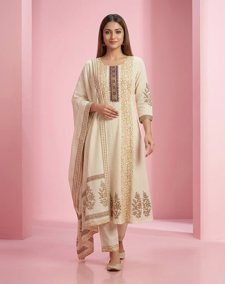 Off-White "Heritage" Printed &amp; Embroidered Cotton Kurta Set with Dupatta