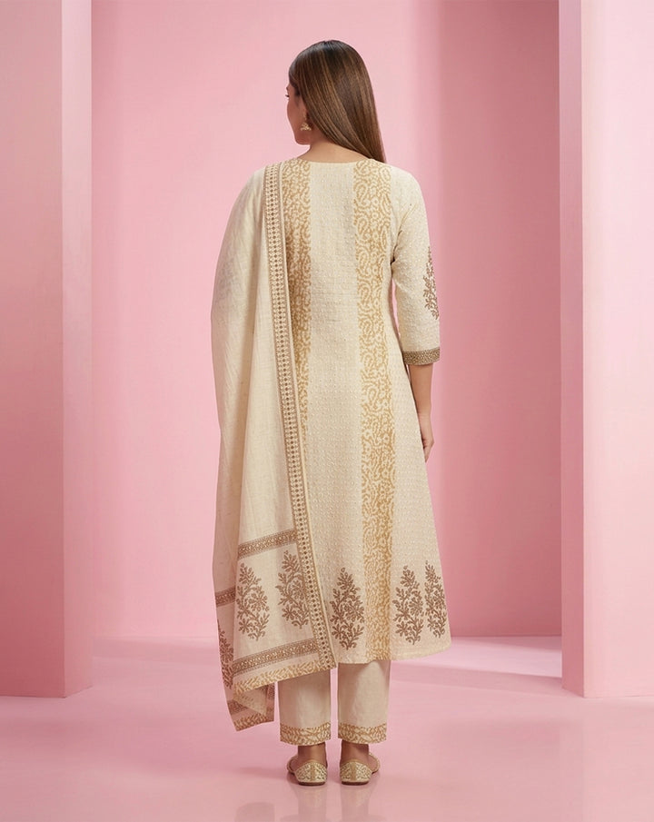Off-White "Heritage" Printed &amp; Embroidered Cotton Kurta Set with Dupatta