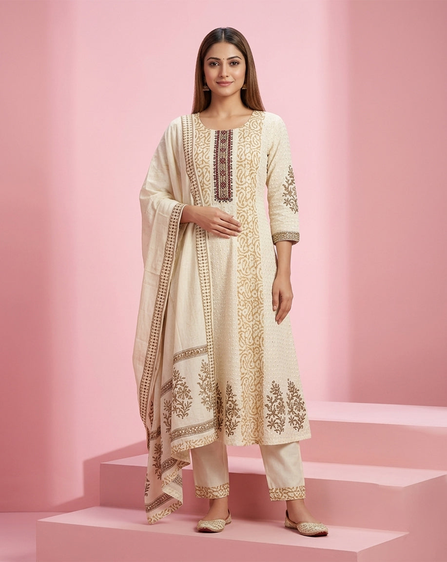 Off-White "Heritage" Printed &amp; Embroidered Cotton Kurta Set with Dupatta