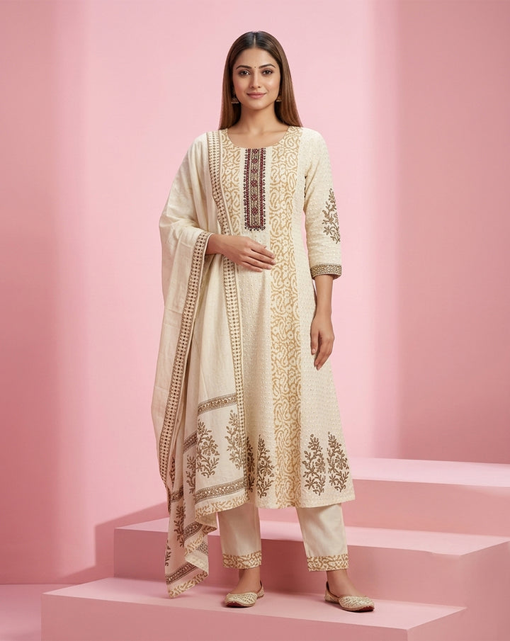 Off-White "Heritage" Printed &amp; Embroidered Cotton Kurta Set with Dupatta