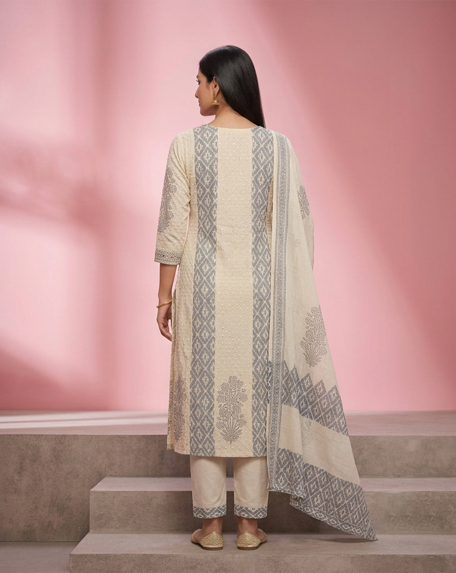 Cream &amp; Slate Grey Geometric Print Straight Kurta Set with Embroidered Yoke