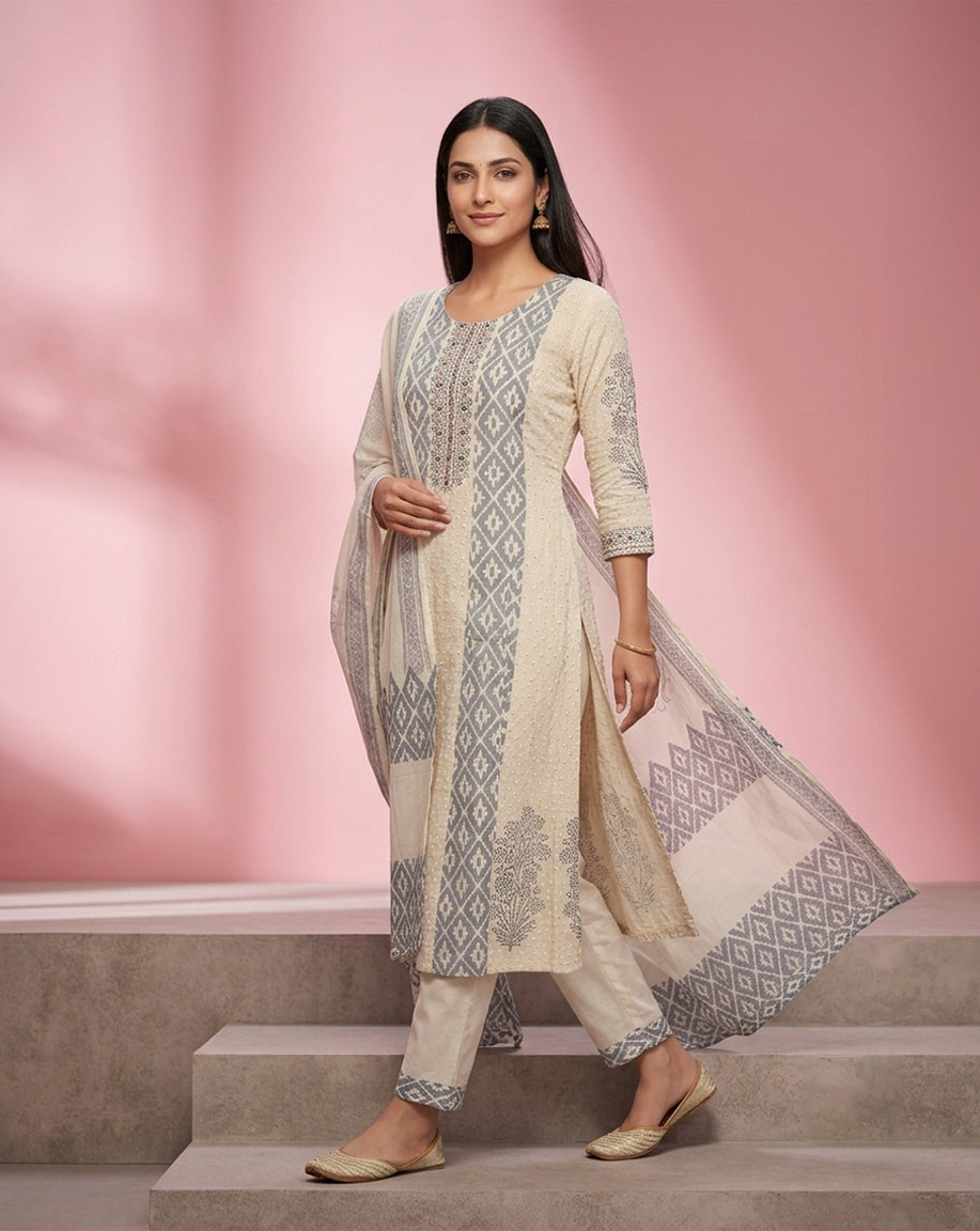 Cream &amp; Slate Grey Geometric Print Straight Kurta Set with Embroidered Yoke