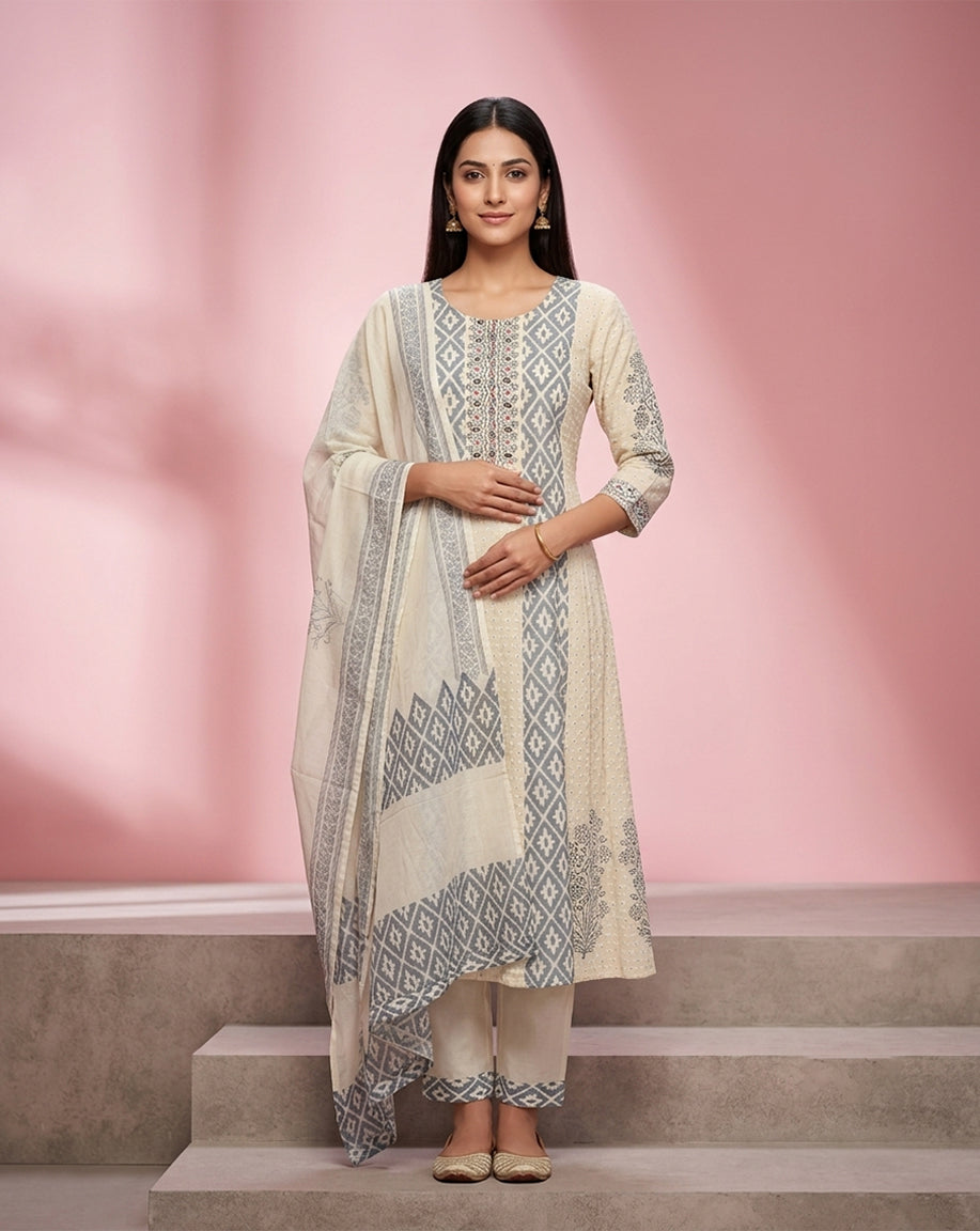 Cream &amp; Slate Grey Geometric Print Straight Kurta Set with Embroidered Yoke