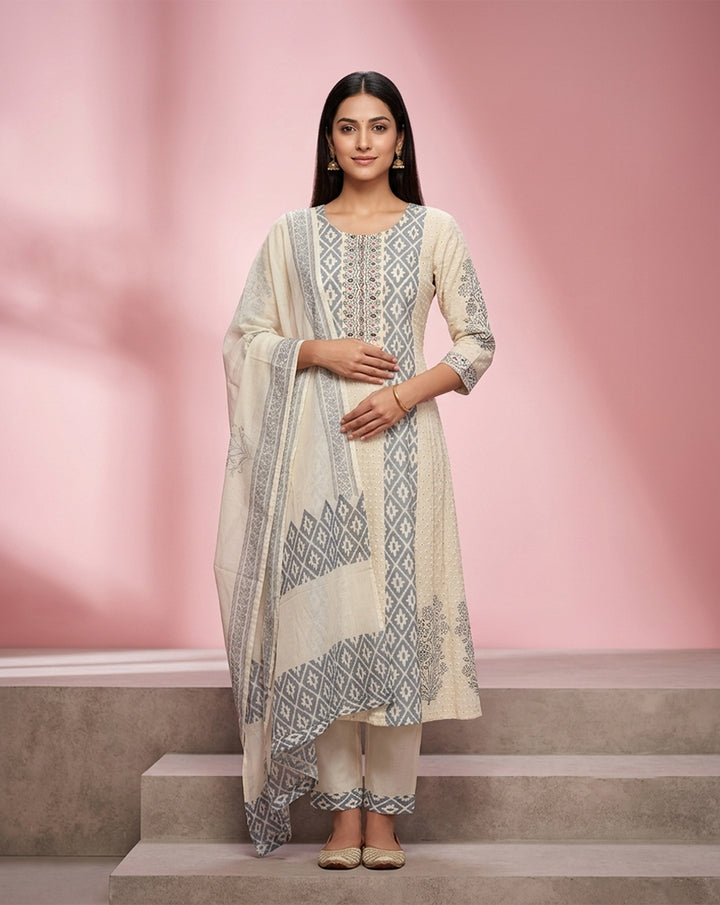 Cream &amp; Slate Grey Geometric Print Straight Kurta Set with Embroidered Yoke
