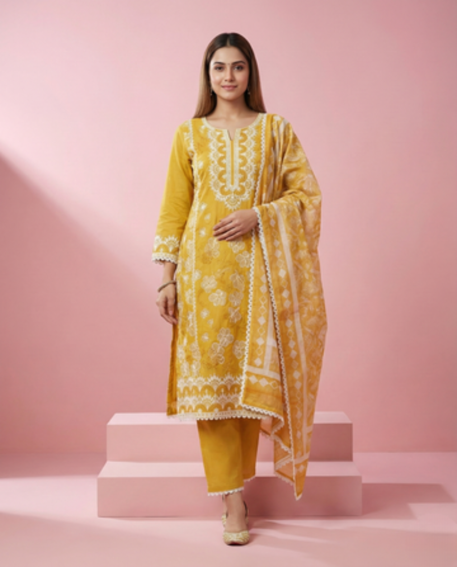 Mustard Yellow Embroidered Hakoba Cotton Kurta Set