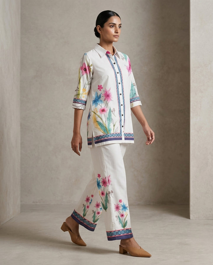 Off-White Floral Printed Co-Ord Set with Border Detail