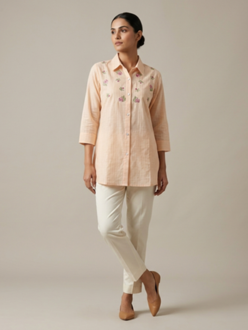 Lime Zest "Spring Meadow" Embroidered Cotton Short Kurti Shirt