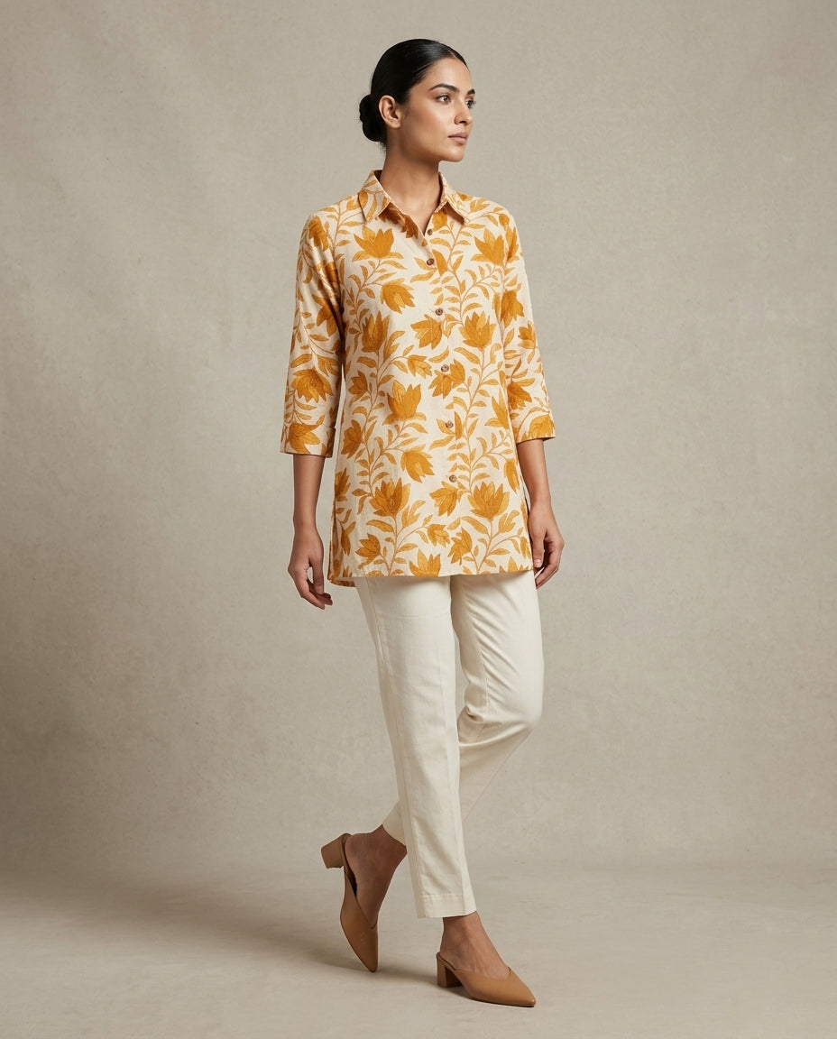 Dusty orange Leaf Print Collared Tunic