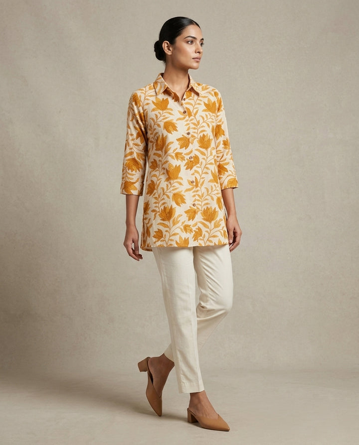 Dusty orange Leaf Print Collared Tunic
