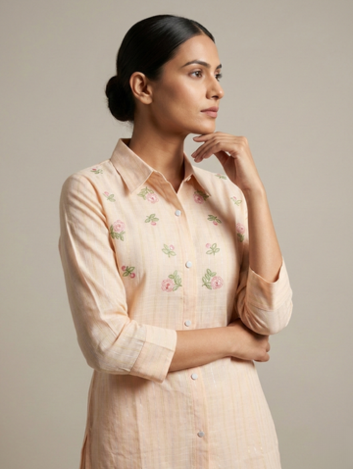 Lime Zest "Spring Meadow" Embroidered Cotton Short Kurti Shirt