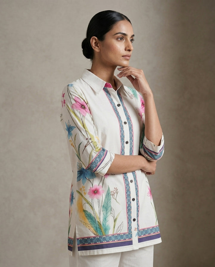 Off-White Floral Printed Co-Ord Set with Border Detail