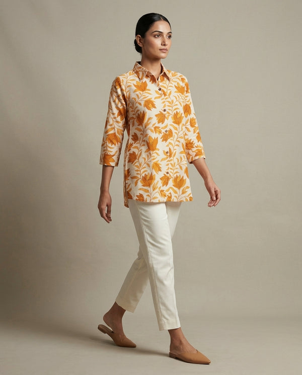 Dusty orange Leaf Print Collared Tunic