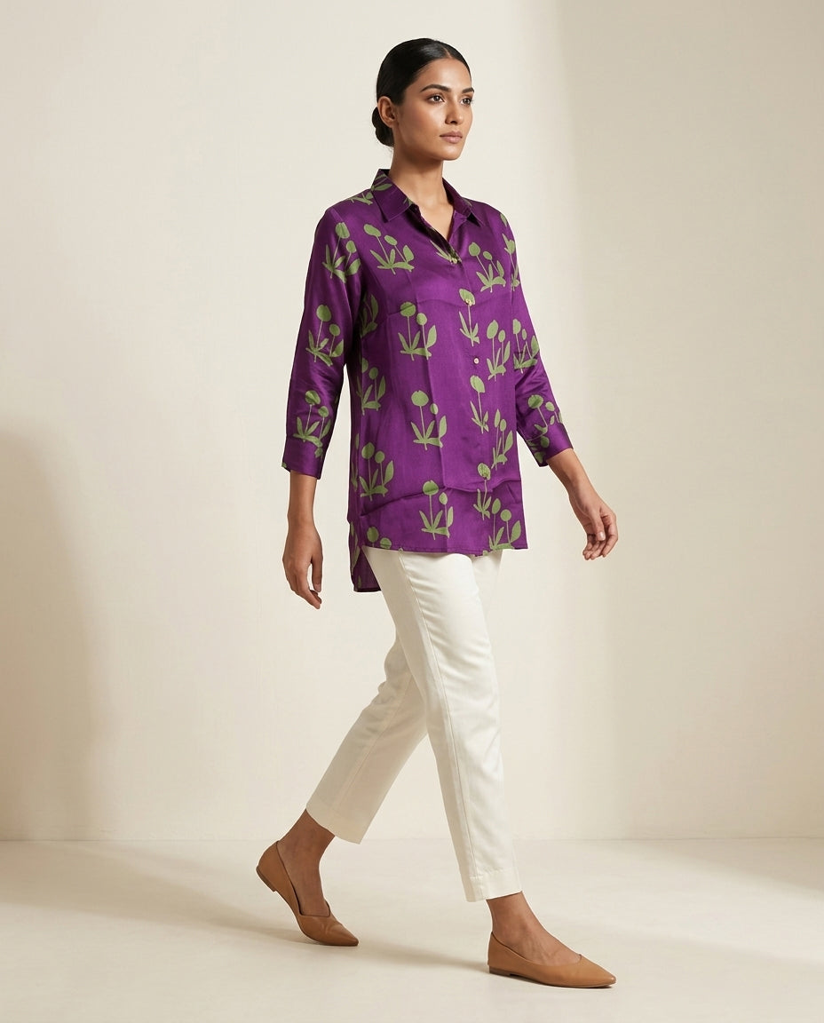 Imperial Plum Botanical Gajji Silk Shirt