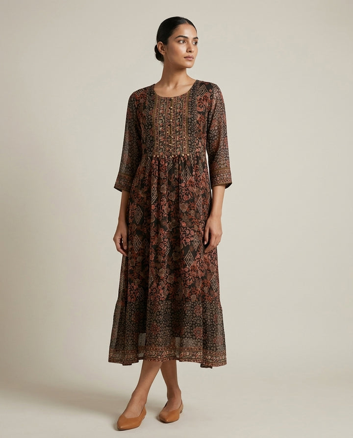 Ethereal Earth Tones: Printed Georgette Anarkali Midi Dress