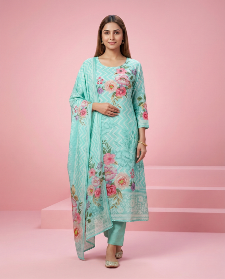 Firozi Floral Printed Crape 3-Piece Suit Set