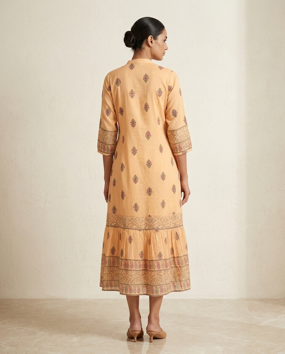 Apricot "Nectar Bloom" Embroidered Cotton Tiered Midi Dress