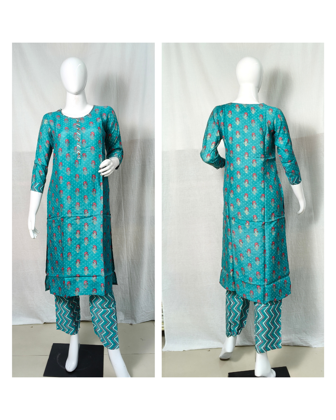 Teal Blue Bandhani Printed Muslin Straight Kurti