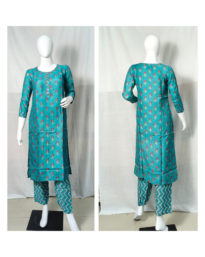 Teal Blue Bandhani Printed Muslin Straight Kurti