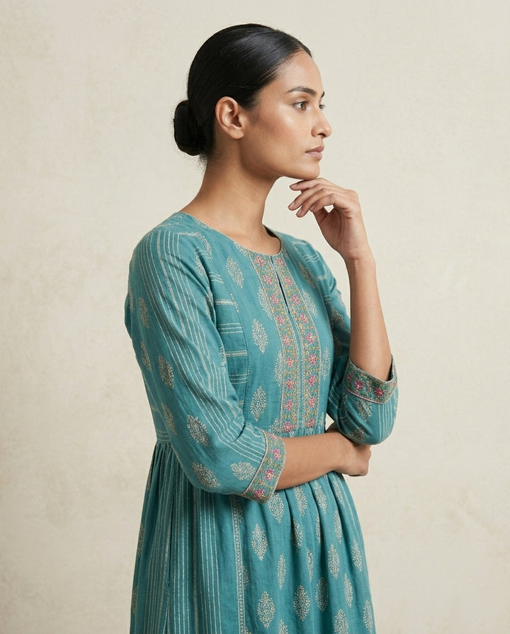 Indigo "Azure Leaf" Floral Cotton Tiered Midi Dress