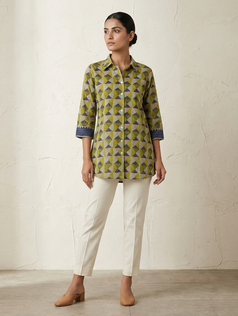 Sage Green "Wildflower Meadow" Embroidered Cotton Short Kurti Shirt