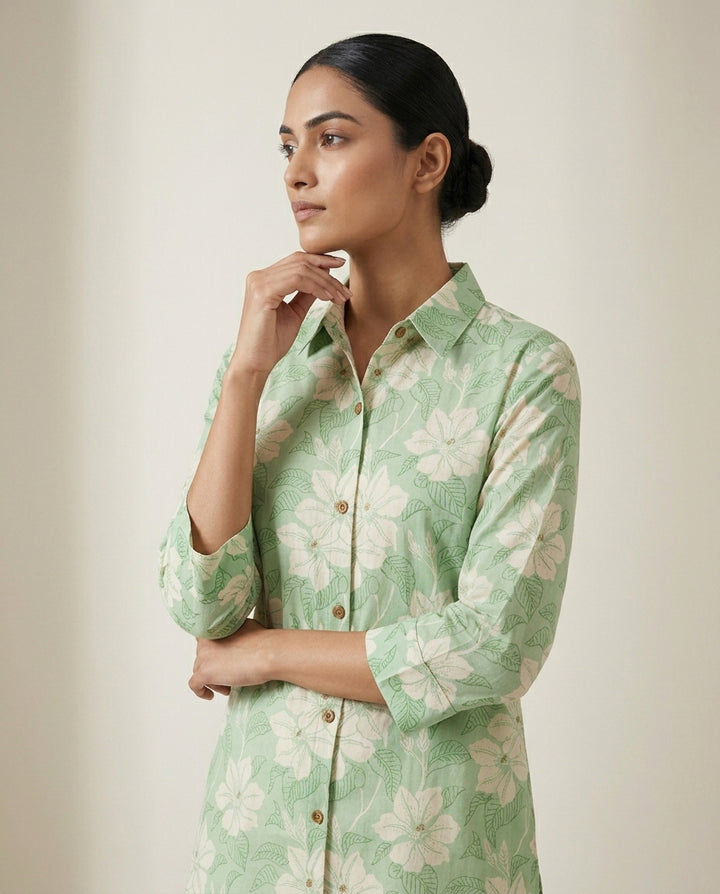 Sage Green Floral Collared Tunic Set