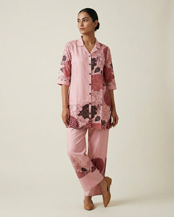 Blush Pink Floral Placement Print Cotton Co-Ord Set