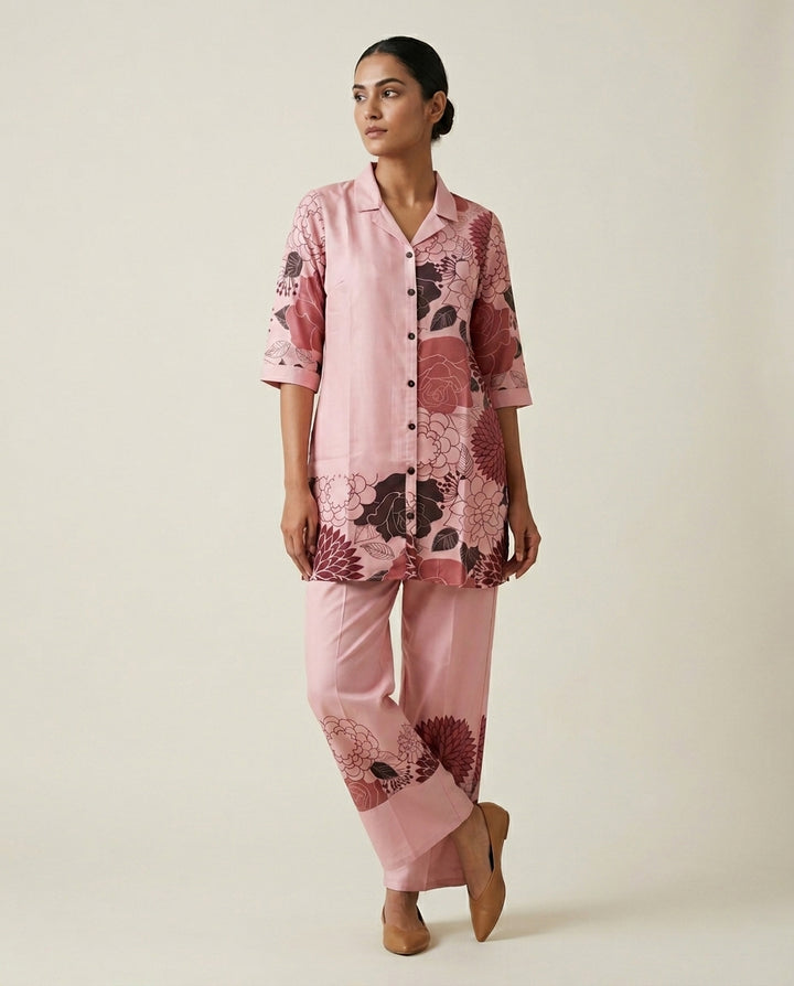 Blush Pink Floral Placement Print Cotton Co-Ord Set