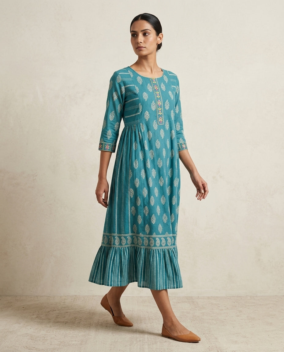 Indigo "Azure Leaf" Floral Cotton Tiered Midi Dress
