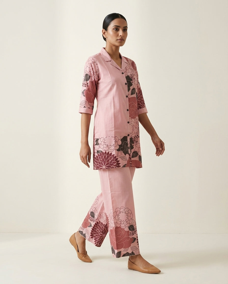 Blush Pink Floral Placement Print Cotton Co-Ord Set