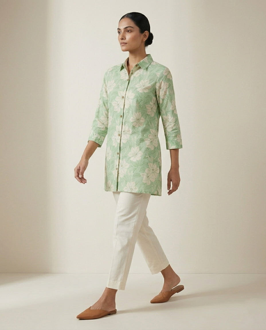 Sage Green Floral Collared Tunic Set