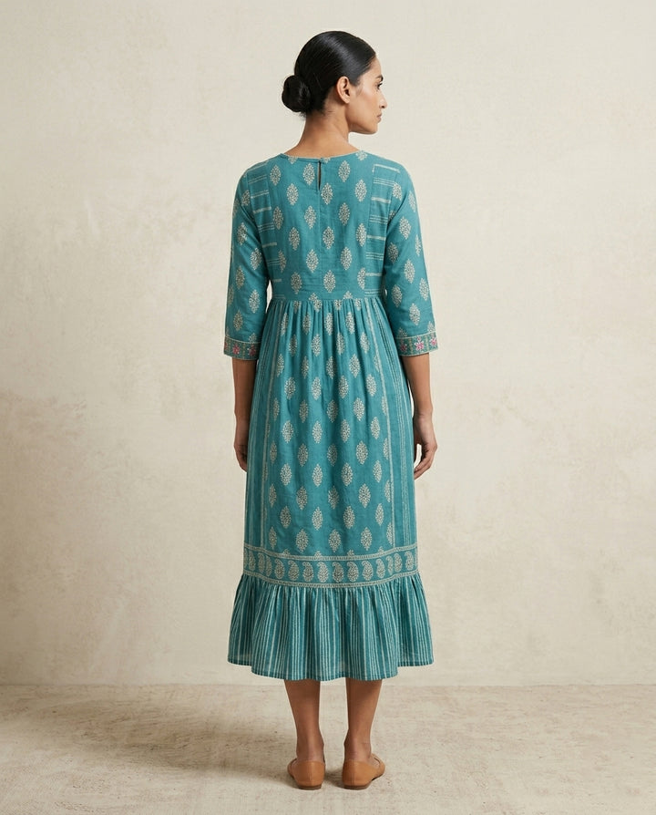 Indigo "Azure Leaf" Floral Cotton Tiered Midi Dress