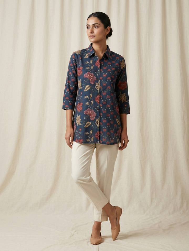 Midnight Navy "Vintage Bloom" Cotton Short Kurti Shirt