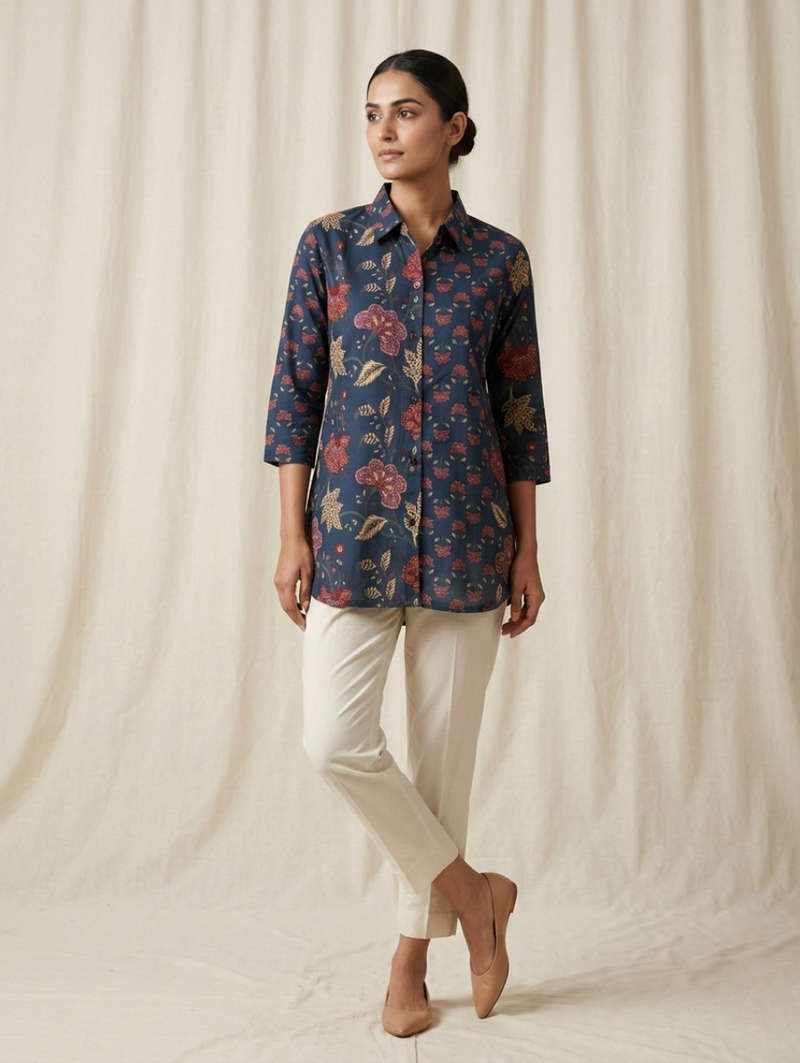 Midnight Navy "Vintage Bloom" Cotton Short Kurti Shirt