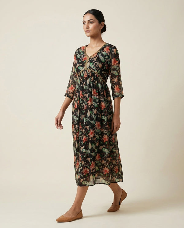 Black Floral and Paisley Printed Cotton Anarkali Kurta