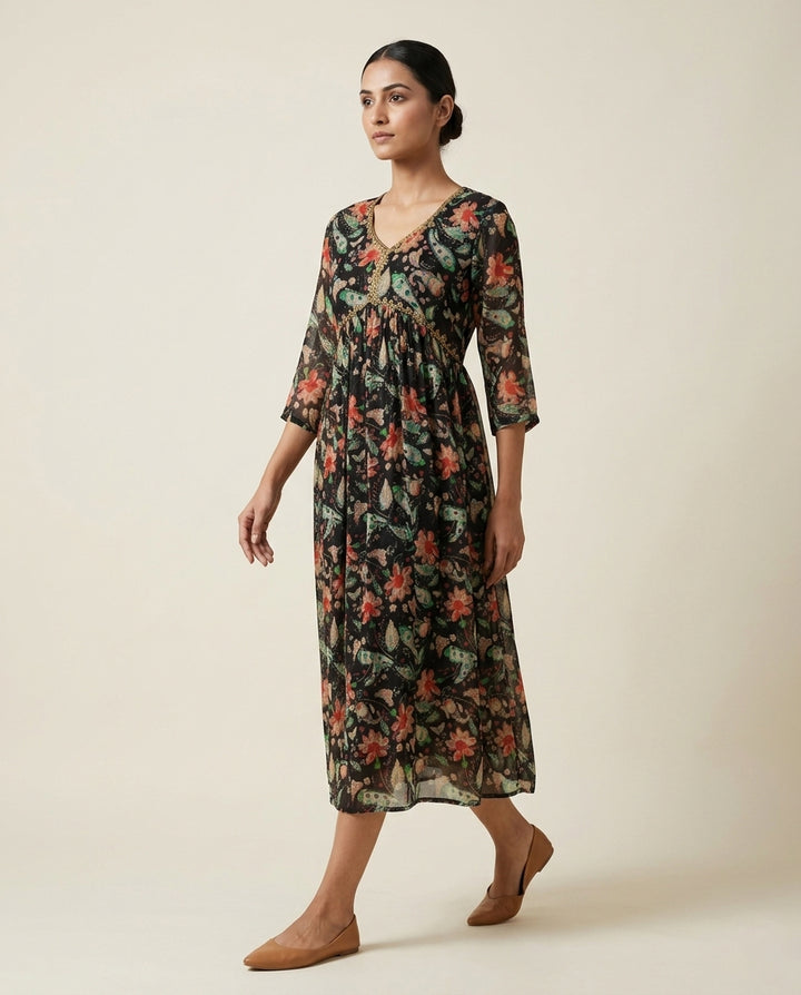 Black Floral and Paisley Printed Cotton Anarkali Kurta
