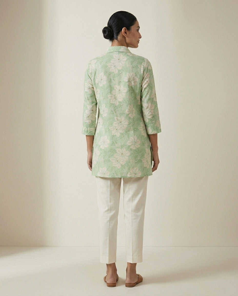 Sage Green Floral Collared Tunic Set