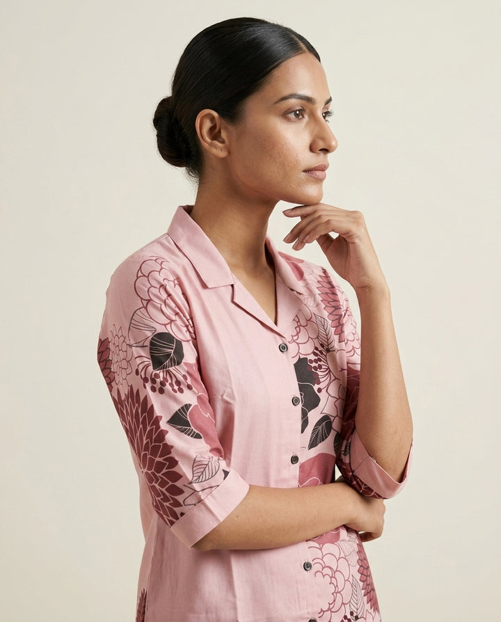Blush Pink Floral Placement Print Cotton Co-Ord Set