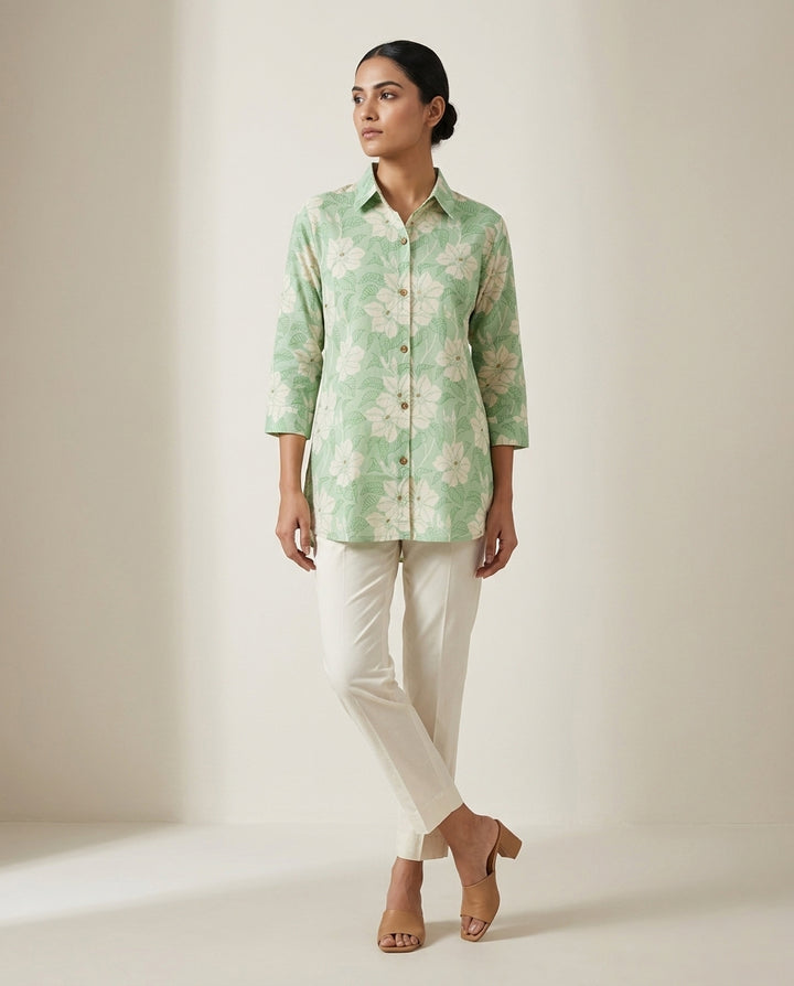 Sage Green Floral Collared Tunic Set