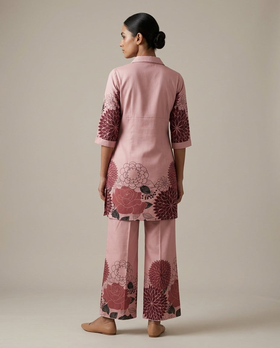 Blush Pink Floral Placement Print Cotton Co-Ord Set